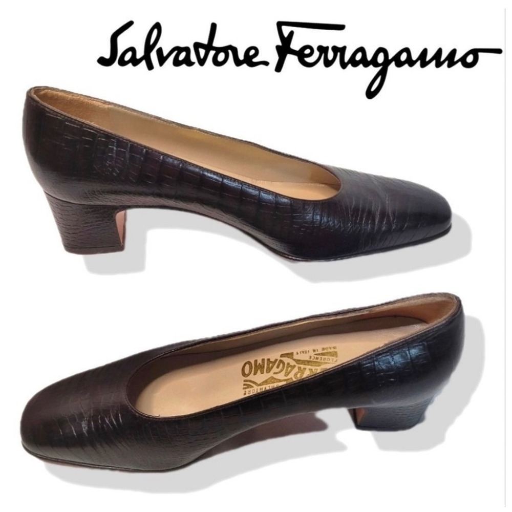 Salvatore Ferragamo Pumps Womens 6.5B Black Croc Embossed Leather Block Heel Lux